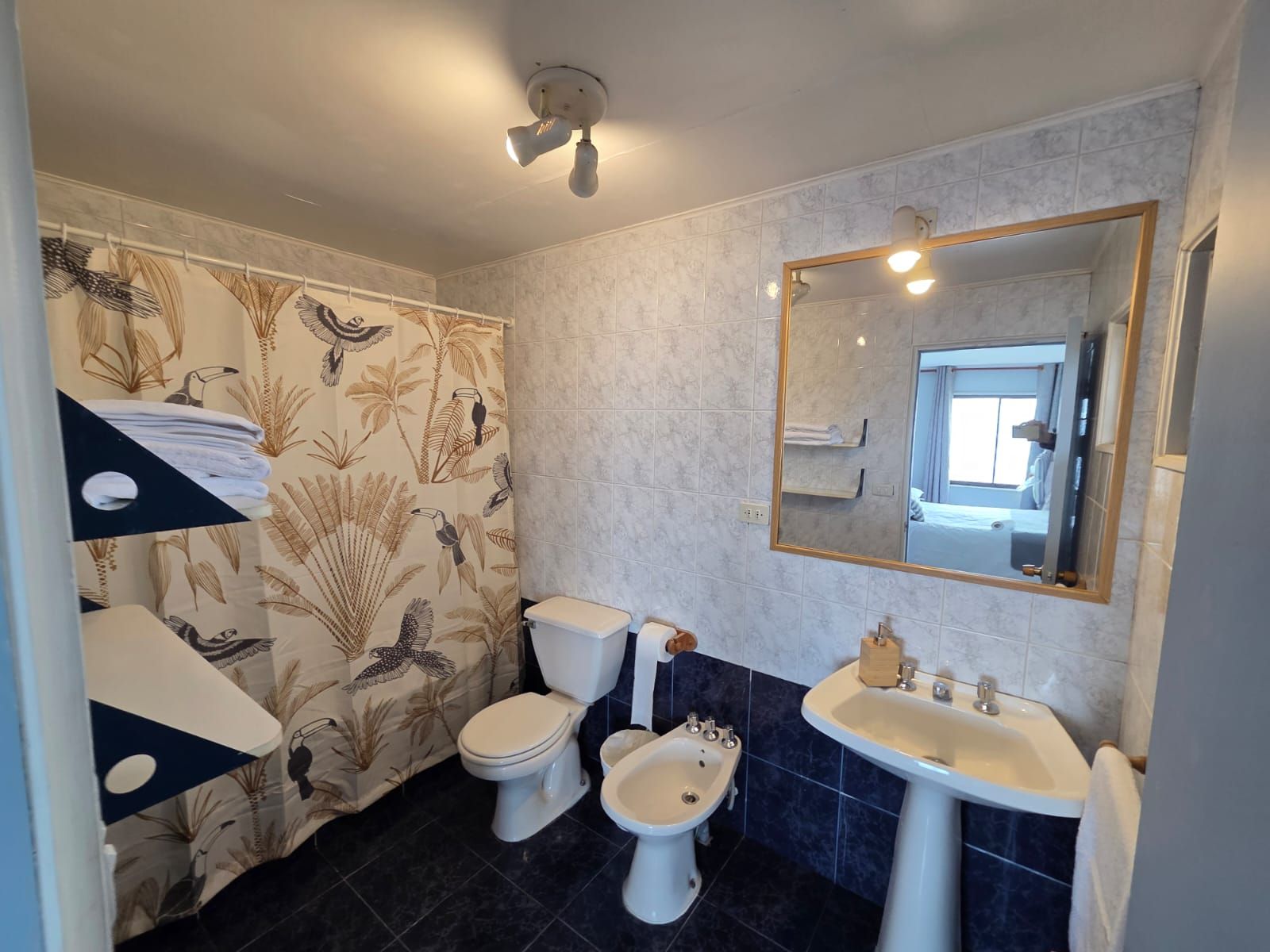 Baño privado con ducha, lavamanos y espejo, con la habitación de fondo